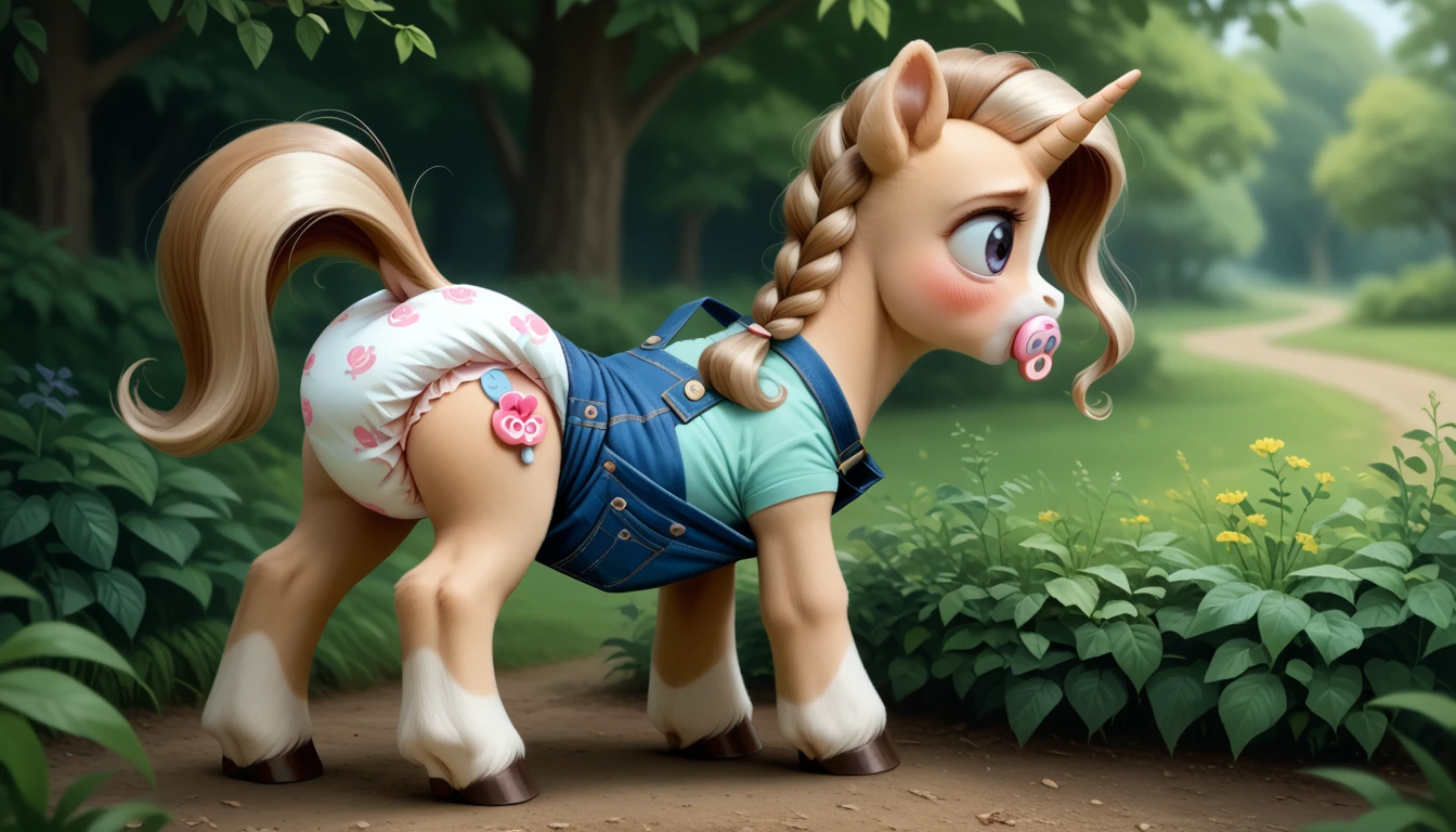 pony, light caramel unicorn, adult mare, plum eyes, lush mane braided, bushy tail, stands on four hooves, rear hooves spread wide apart, wearing adult size foal overalls and adult size foal booties, adult size pacifier in mouth, solo, raised tail, thick diaper under clothes, pink blush on cheeks, Embarrassment, Awkwardness.