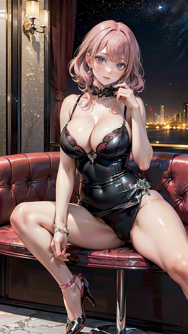 ((Highest quality, 8k, masterpiece :1.3)), (Sharp focus :1.2, Beautiful woman with perfect figure :1.4, Slim Abs), ((Big Breasts, Emphasize cleavage:1.2)), (Photorealistic:1.4), (realistic:1.4), (Pink Hair:1.5), Highly detailed face and skin texture, Fine grain, double eyelid. Makeup face, A little bit of lipstick, sex appeal, Sexy gravure pose, ((A woman in a red and black dress、She poses erotically, boldly showing off her beautiful legs in the sky lounge of a luxury hotel in Dubai.。Diamond accessories stand out。:1.3))