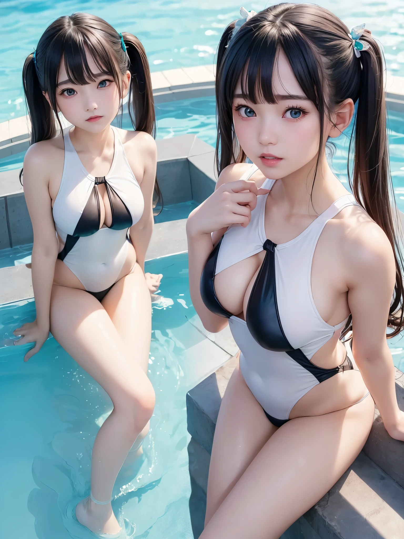 ((masterpiece)), ((highest quality、Ultra high definition)), (Very detailed),8k、Photo quality、((Amazingly cute girl)),)), Two people, , (Beautiful emerald blue eyes), ((smile、小さな胸)),In the open-air bath overlooking the sea, Beautifully arranged black hair in twin tails、Slim Body、(((レースとフリルのCute swimsuit)))、Professional Lighting、(White lace knee-highore detailed and beautiful)、(More details and cutenesore realistic)、((Just wear light clothing))、Frolic in the pool、