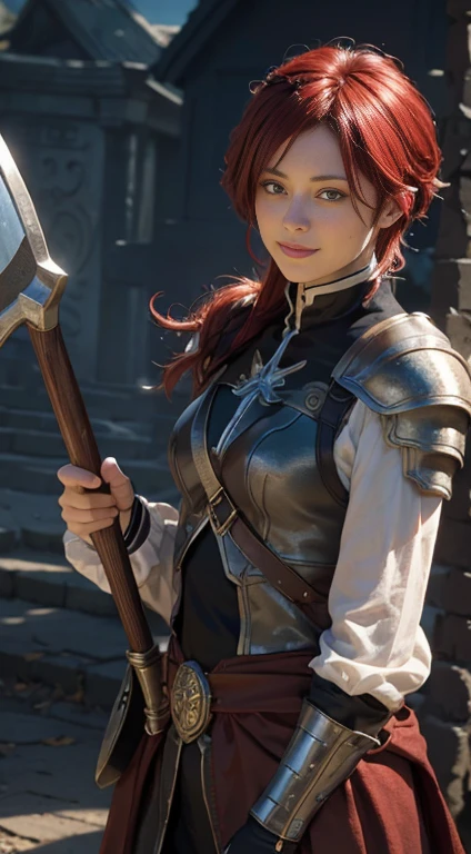StarkFrieren, 8k, best quality, highres, realistic, real person, A warrior facing a demon lord, more lightly armored this time, with a mischievous, cunning smile. The warrior has short red hair and wields a large, ornately decorated axe. The setting is a fantasy battleground. The warrior's pose is more relaxed and sly, reflecting their crafty personality. The background includes magical effects and a dark, ominous atmosphere, emphasizing the ongoing battle.