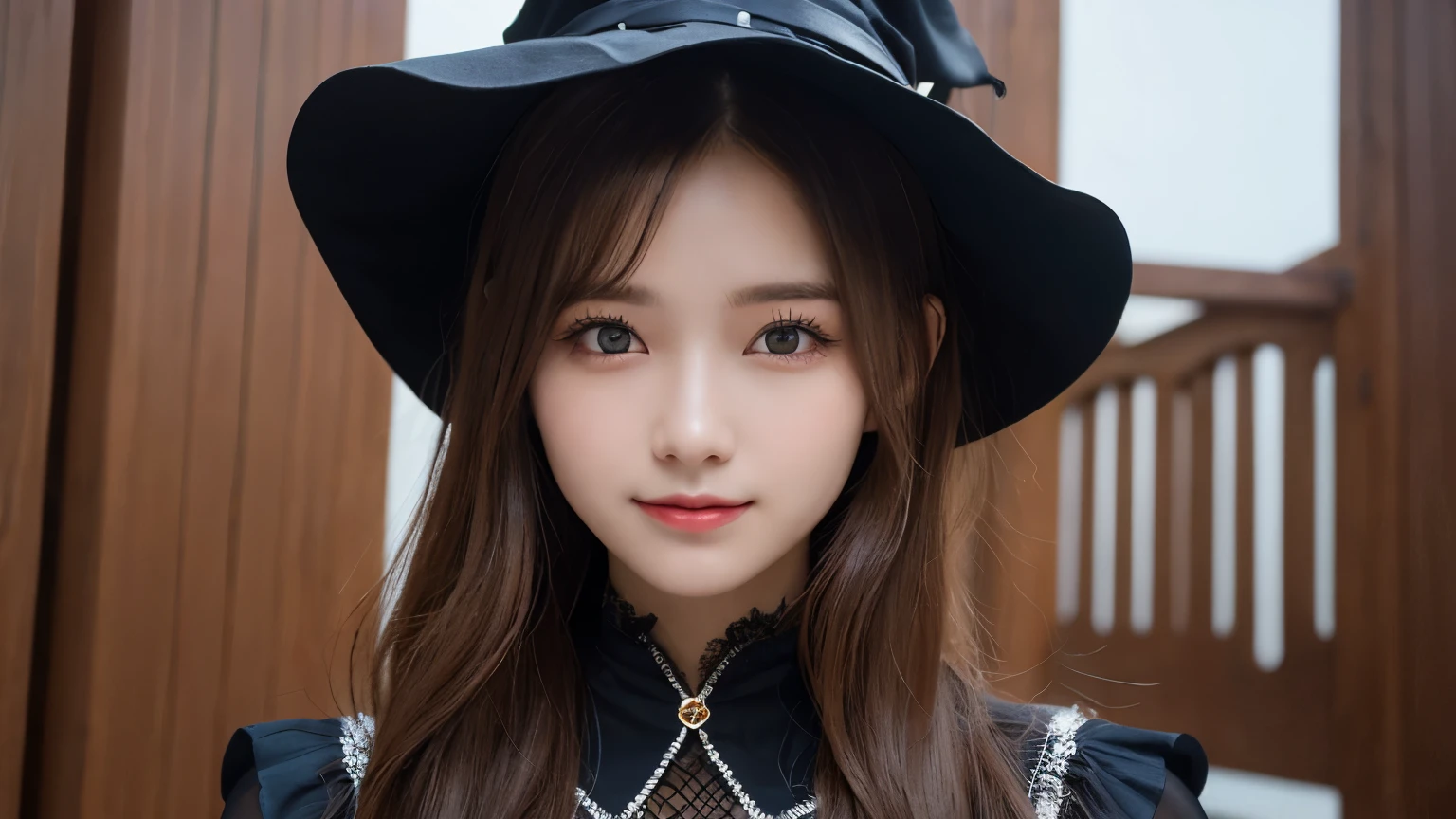 white background, half body portrait, bust shot, one girl, (a beauty girl, delicate girl:1.3), (20 years old:1.3), break, (witch costume, Witch hat, Witch clothes), break, (gates of hell:1.2), break, very fine eyes, (symmetrical eyes:1.3), break, small breasts, brown eyes, parted bangs, brown hair, (smile), break, (eyes and faces with detailed:1.0), break, (masterpiece, best quality, ultra detailed, detailed face, 8k)