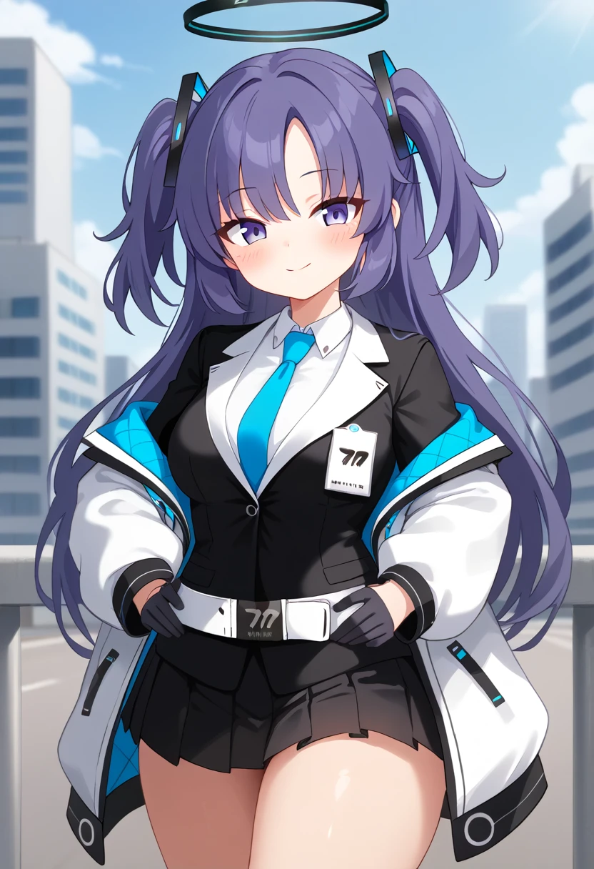 score_9, 1girl, solo, yuuka \(blue archive\), blue archive, halo, purple eyes, purple hair, long hair, two side up, thick thighs, medium breasts, yuuka-default, necktie, blue necktie, shirt, white shirt, collared shirt, jacket, long sleeves, half gloves, belt, white belt, skirt, black skirt, pleated skirt, miniskirt, bare legs, cowboy shot, looking at viewer, blush, smile, closed mouth, outdoors, city, day 