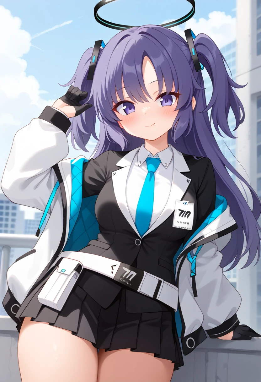 score_9, 1girl, solo, yuuka \(blue archive\), blue archive, halo, purple eyes, purple hair, long hair, two side up, thick thighs, medium breasts, yuuka-default, necktie, blue necktie, shirt, white shirt, collared shirt, jacket, long sleeves, half gloves, belt, white belt, skirt, black skirt, pleated skirt, miniskirt, bare legs, cowboy shot, looking at viewer, blush, smile, closed mouth, outdoors, city, day