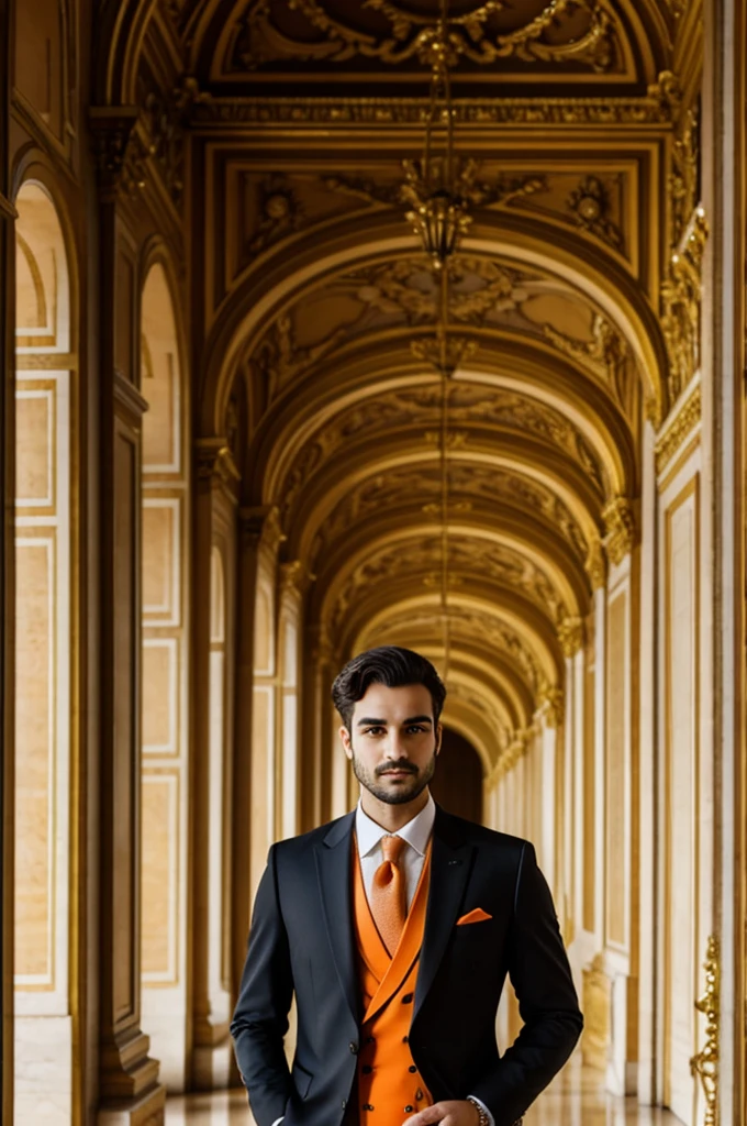 Man short hair wearing dark suit standing in front of Versailles, orange background 