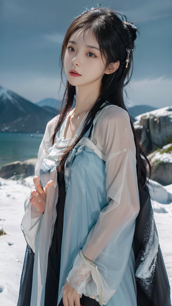 (best quality, 8K, 32K,The details are very clear),Practical, high resolution, 1 Japan female, solitary, (ta clothing),luxury clothes,For the audience,(Upper Body,Upper limbs), beautiful eyes, Brown hair, Dark circles under eyes, (External,Blizzard,Thick fur cape,Snow Covered),Snowfield,blue eyes,best qualityのイラスト,Detailed facial features,Ultra HD, High Detail, high quality, high resolution, best quality, 8K, 16K, High Detail, high quality, high quality, Super Detail, Anatomically correct, masterpiece, precise,The figure is in the middle of the composition,There is space above the head and the whole picture occupies two-thirds,Leave space on the left, right and top,Dissatisfied with character composition