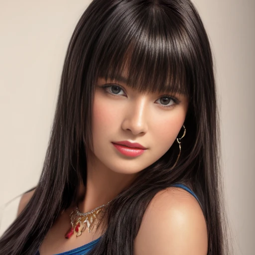 a beautiful young woman, 30 years old, long straight black hair with bangs, looking directly at the viewer, detailed and expressive eyes, shy smile, wearing jewelry including earrings, a necklace, and a bracelet, medium-sized breast, wearing a tight red t-shirt, a blue leather jacket, a mini skirt, and sheer white tights, dynamic angle, best quality, 4k, 8k, highres, masterpiece, ultra-detailed, realistic, photorealistic, photo-realistic, portrait, fashion, studio lighting, warm colors, soft lighting