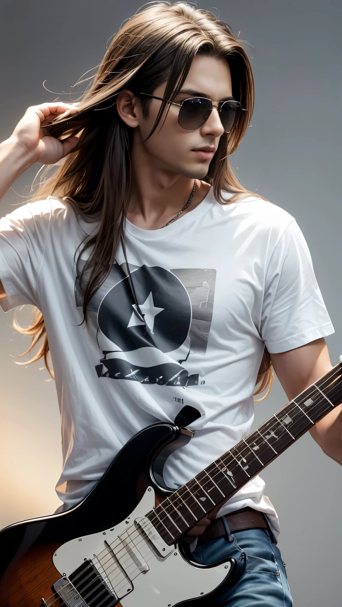 A high-resolution image of a young man with slightly long hair playing an electric guitar. He is wearing Ray-Ban sunglasses, a white T-shirt, and jeans. He is standing against a gray background