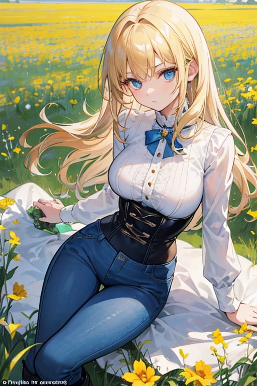 A striking scene with a mature 21-year-old female character, captivating the attention of an adolescent boy in a lively spring field. The woman, with her long wavy blond hair, V-shaped bangs, and blue eyes, exudes confidence in her white blouse and chocolate-colored corset, skinny tight blue jeans, and high boots. The boy, with short dark hair and a slim build, gazes intently at her, showcasing his admiration. The background is a vibrant, sunlit field, creating a dynamic and intriguing atmosphere that tells a story of attraction and curiosity.