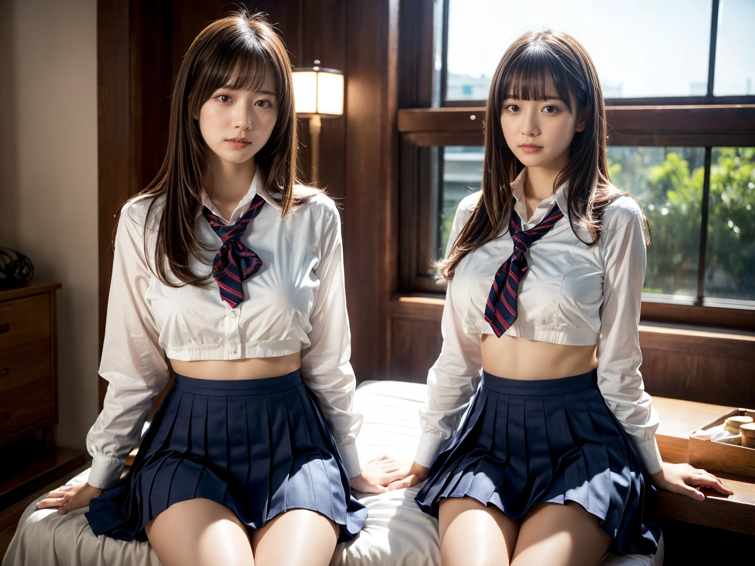 (RAW photo, 4k, masterpiece, high resolution, extremely complex) (realistic: 1.4), cinematic lighting
((2 girls, 2 schoolgirls)),Slam Dunk's,blushing,((innocent)),bright eyes,round eyes,blunt bangs,(straight hair:1.3),black hair,large breasts,wide hips,Summer Noon, ,Hot, (Best Quality), (Highres), (an Extremely Delicate and Beautiful),(Beautiful 8k face),(Brown eyes),short bob hair,( spectators),(gigantic breasts),(Play with each other,Touching each other's bodies,Touching the body),(Japanese high school uniform:1.3),blue skirt,(reality),bright lighting,(The background is a luxury hotel room)