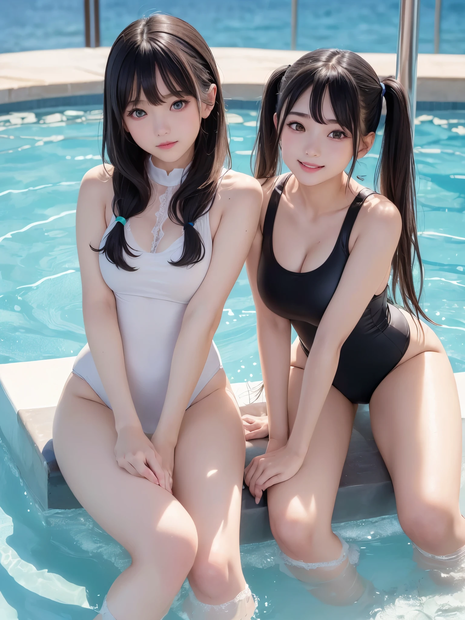 (masuter piece:1.2、top-quality)、(Real Photographics、intricate-detail)、realisticlying、Two real adult women、Wearing competitive swimsuits、embracing each other、Smile、swimming pools、Face Real、Breasts enlarged