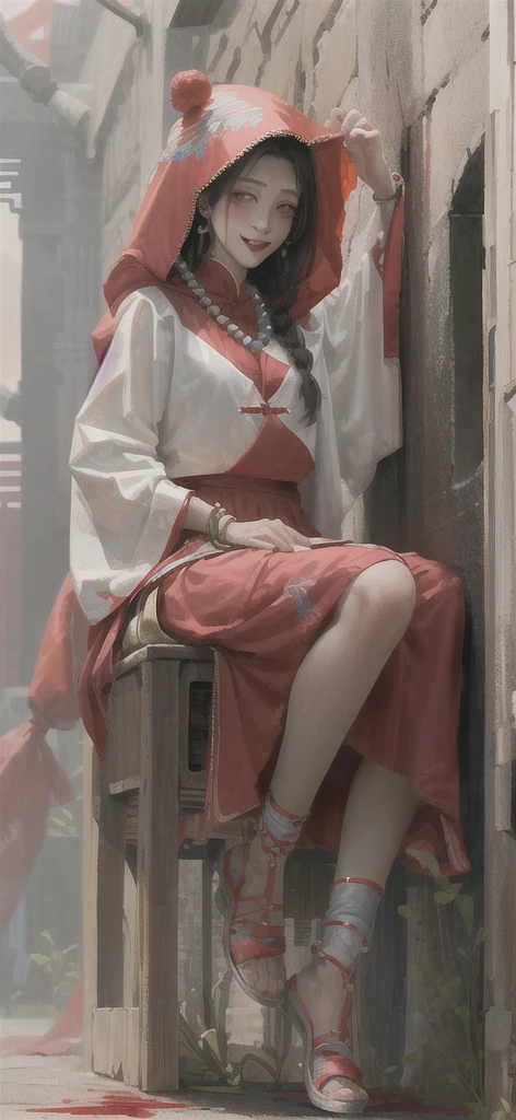 masterpiece,(masterpiece, Top quality, best quality, Solitary, sit, bead, veil, Keep, Jewelry, Looking at the audience, necklace, Candle, 1 Girl, indoors, hood, Long sleeve, Blood, Floral, hood up, Smile, dark, (Red Chinese clothes), skirt, fear (theme), Black Hair, sit,,面朝前方Looking at the audience