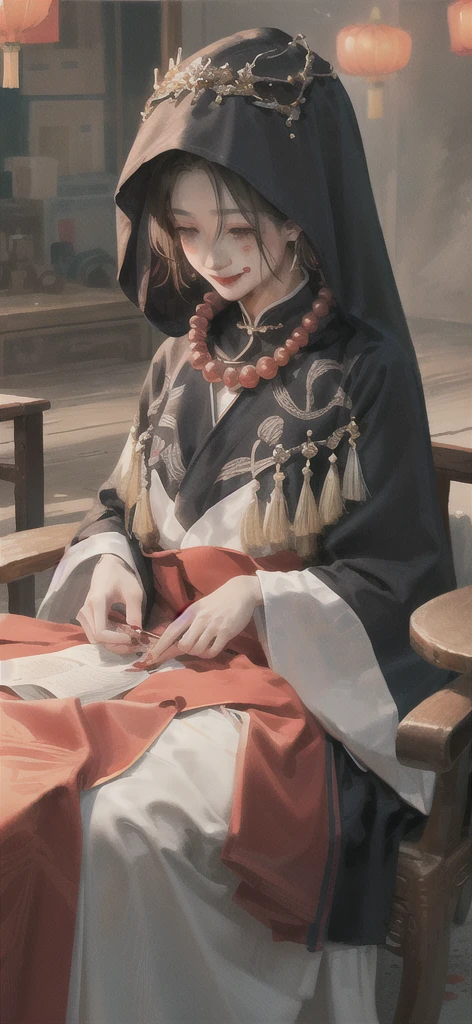 masterpiece,(masterpiece, Top quality, best quality, Solitary, sit, bead, veil, Keep, Jewelry, Looking at the audience, necklace, Candle, 1 Girl, indoors, hood, Long sleeve, Blood, Floral, hood up, Smile, dark, (Red Chinese clothes), skirt, fear (theme), Black Hair, sit,,面朝前方Looking at the audience 