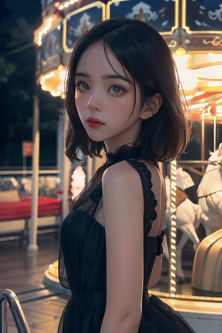 (8k, RAW photo, best quality, masterpiece:1.2), (realistic, photo-realistic:1.37) , 1girl, (carousel, night), miaoxiaoji(secret_tea), detailed face, detailed eyes, black dress