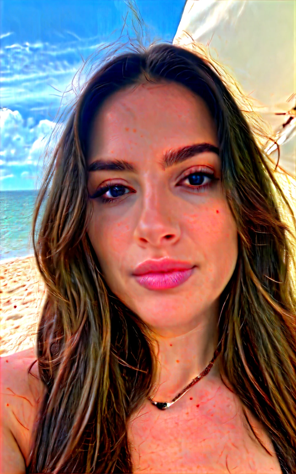 photograph, cropped, upper body selfie photo of a cute 25yo girl, cleavage, photo grain, instagram, pouting ((long shot)) Brown-haired influencer with long, naturally wavy hair, Blue eyes, sexy, big, enjoying coffee in on the beach, elegant and modern look, relaxing, Calm, extravagant, 8k, extremely detailed, photorealistic, Details are intricate, Realistic skin texture, realistic hair, Texture, Happy, 8K UHD, best quality, High resolution, attention to detail, very large, long shot, wide angle