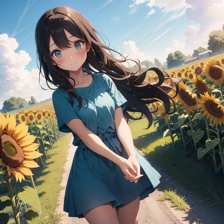 Masterpiece, Best quality, High quality, Portait, 1girl, 1boy, girl has Long Brown hair, Wavy hair, has Blue eyes, Girl wears an all Blue dress, Boy has Brown short hair, Boy has Green eyes, Boy wears Green t-shirt with Farmer jeans, happy expressions on each other faces, blushed faces, walking, in the grass field, Sunflowers in the background, Sunny day, Clouds on the sky