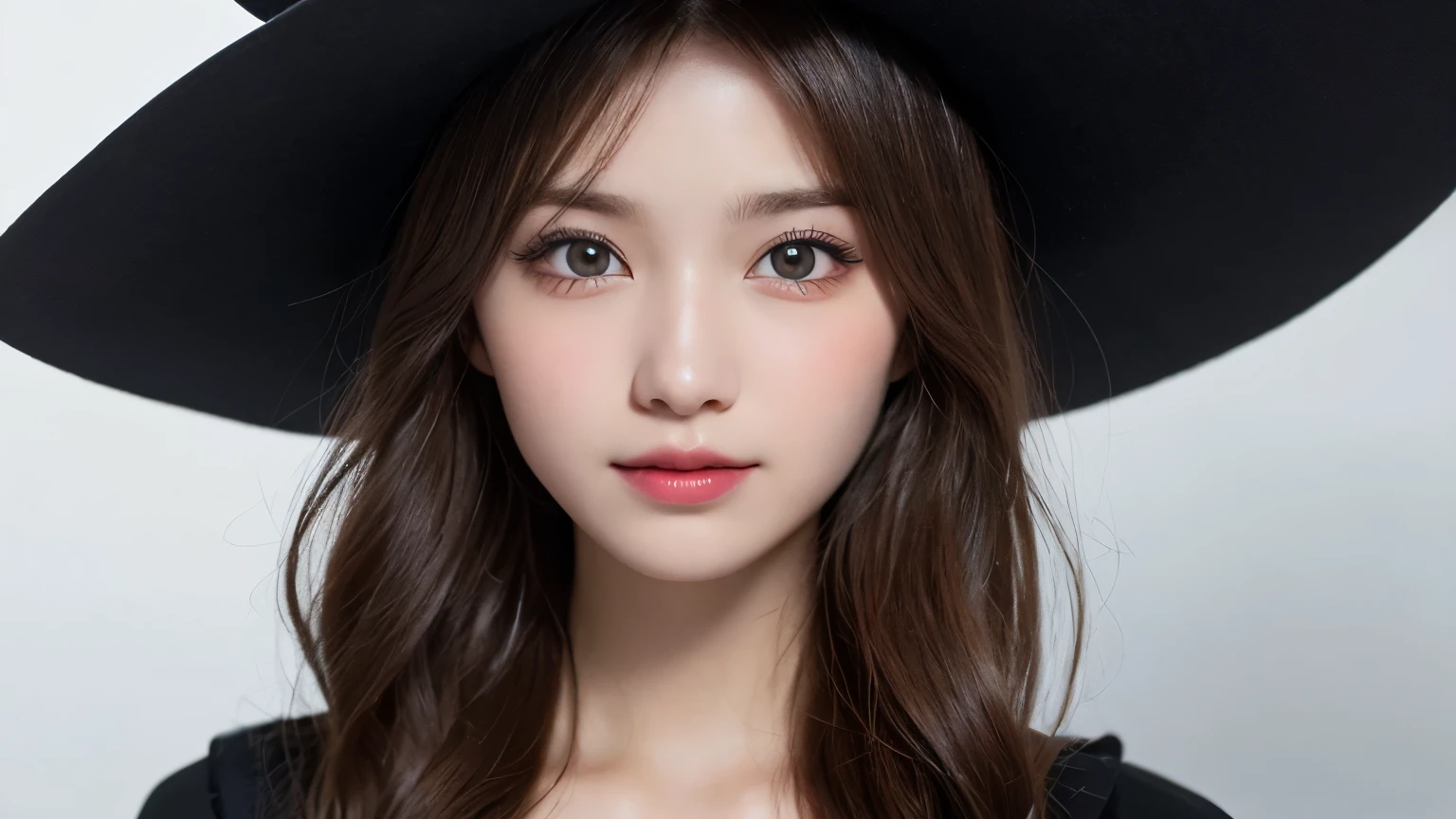 white background, half body portrait, bust shot, one girl, (a beauty girl, delicate girl:1.3), (20 years old:1.3), break, (witch costume, Witch hat, Witch clothes), break, (gates of hell:1.2), break, very fine eyes, (symmetrical eyes:1.3), break, small breasts, brown eyes, parted bangs, brown hair, (smile), break, (eyes and faces with detailed:1.0), break, (masterpiece, best quality, ultra detailed, detailed face, 8k)