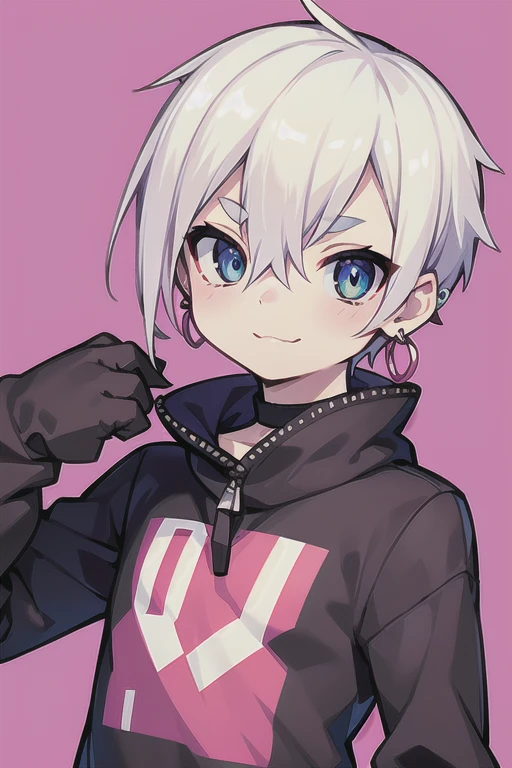 Highest quality, (high quality),light purple  background,gradation,punk style,eye highlights, hands together,arms are thin, thin body,face,from front, (portrait), look at viewer, (thin eyebrows),sparkling eyes, sleepy eyes , wink,smile,Pouting mouth,watery eyes,open your mouth and laugh,(((10 years old))), (1 boy),white hair,short hair,industrial earrings,illustration,anime style,