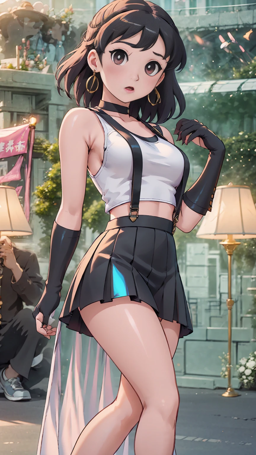 8k,masterpiece, bset quality,big, (1 girl), tifa lockhart, red_eyes, black hair, long hair, professional lighting, (shiny skin: 1.2), shiny big, ((best quality)), sharp focus: 1.2, highly detailed face and skin texture, detailed eyes, perfect face, perfect body, blur art, cg, background, Big with presence, 20yo, mature cool and beautiful face, wearing ((suspender black skirt), black elbow gloves, white taut shirt, thigh, white tank top), blush, (mittgal), random pose,