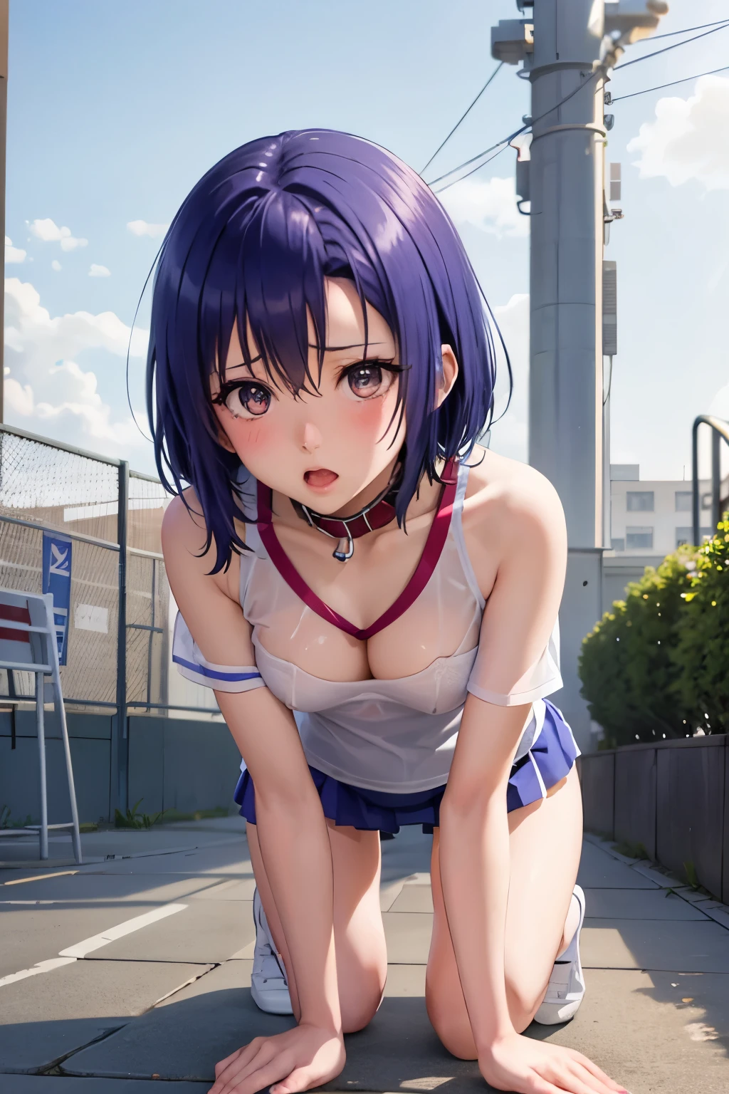 Haruna Sairenji、To Love-Ru、Blue Hair、Bobcut、Hairpins x 2、Show your forehead、high school girl、White gym clothes、Bloomers、Soaking wet、Wet gym clothes、Sheer gym clothes、You can see through the bra、See-through underwear、first round、Embarrassing、blush、Watery eye、Moist eyes、（（（ＳＦＷ、sound、Highest quality、first-clasasterpiece、Normal body、8k、Detailed face、Ultra-precision、Normal hand、Normal finger、５Finger、Highest）））、Full body view、School、Backyard of the gym、heavy rain、Outdoor、On all fours、Dog collar、リード付きfirst round、犬のfirst roundを付けられた、first roundに鎖、Being pulled by the lead、first roundの鎖を引っ張られている、first roundのリードを牽かれてOn all foursで歩いている、On all foursで散歩、first roundの鎖が張っている、Threatened、Being at the mercy of、Scared、Bloomersの中にローター、The rotor is vibrating、She is turned on by the vibration of the rotor.、Ahegao