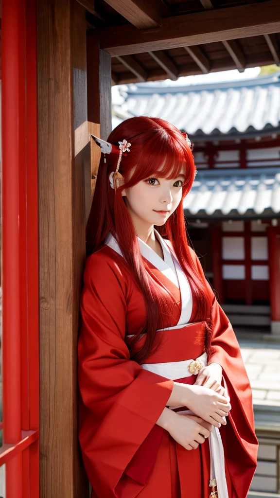 Red Hair Color、long hair、Shrine maiden outfit、Japanese、Fox's Tail