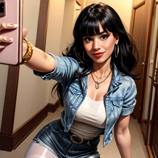 1woman 30year old, solo, long straight black hair, bangs,looking at viewer, detailed eyes, shy smile,jewelry, medium breasts, earrings,belt, blue denim jacket over tight beige t-shirt,mini skirt,sheer white pantyhose,over the knee boots, necklace, bracelet, lips,((selfie pose)),((dynamic angle)),