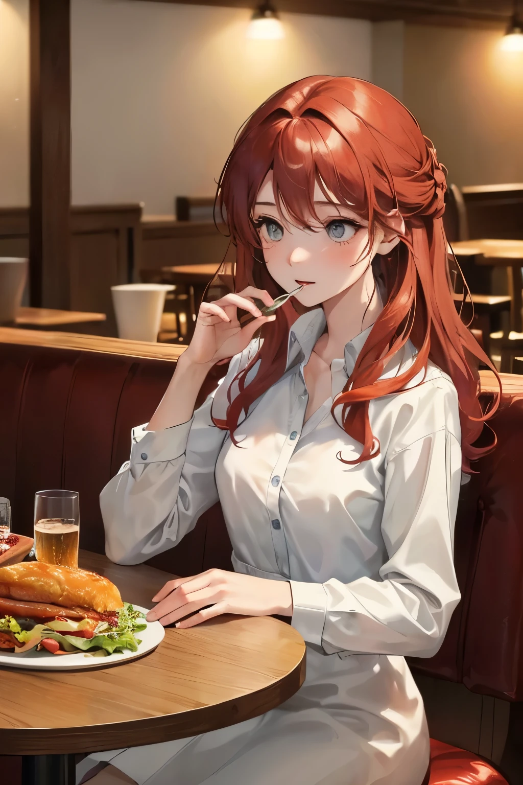 Draw a picture Scene: A cozy restaurant or café, bathed in soft, warm lighting. Characters: A woman with long, wavy, auburn hair, dressed in a vibrant red top that accentuates her grace, is seated with a nervous expression, her eyes fixed on the table. Across from her, a man with short, neat hair and a crisp white polka dot shirt, exudes a calm and composed demeanor. He seems to be engaged in a conversation or actively listening to the woman.

Action: The woman, visibly tense, clutches a fork and spoon, fiddling with the food in front of her. Her eyes occasionally meet the man's