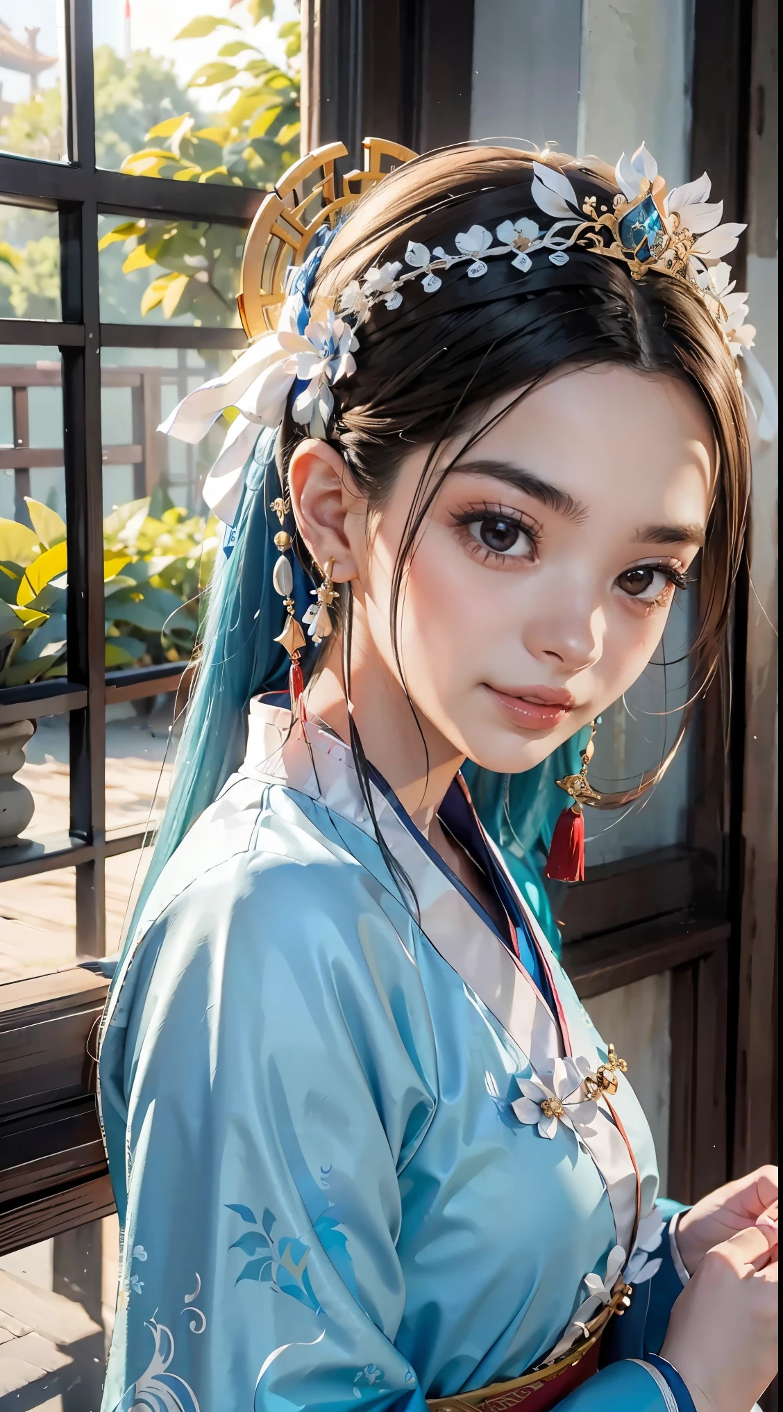 A woman in a blue and white dress with flowers in her hair, hanfu, palace, girl in hanfu, blue hanfu, white hanfu, wearing ancient Chinese costume, ((beautiful fantasy queen)), ancient Chinese princess, Chinese style, traditional Chinese clothing, ancient Chinese clothing, beautiful fantasy queen, Chinese princess, traditional beauty,