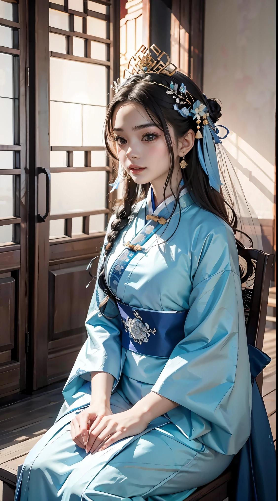 A woman in a blue and white dress with flowers in her hair, hanfu, palace, girl in hanfu, blue hanfu, white hanfu, wearing ancient Chinese costume, ((beautiful fantasy queen)), ancient Chinese princess, Chinese style, traditional Chinese clothing, ancient Chinese clothing, beautiful fantasy queen, Chinese princess, traditional beauty,