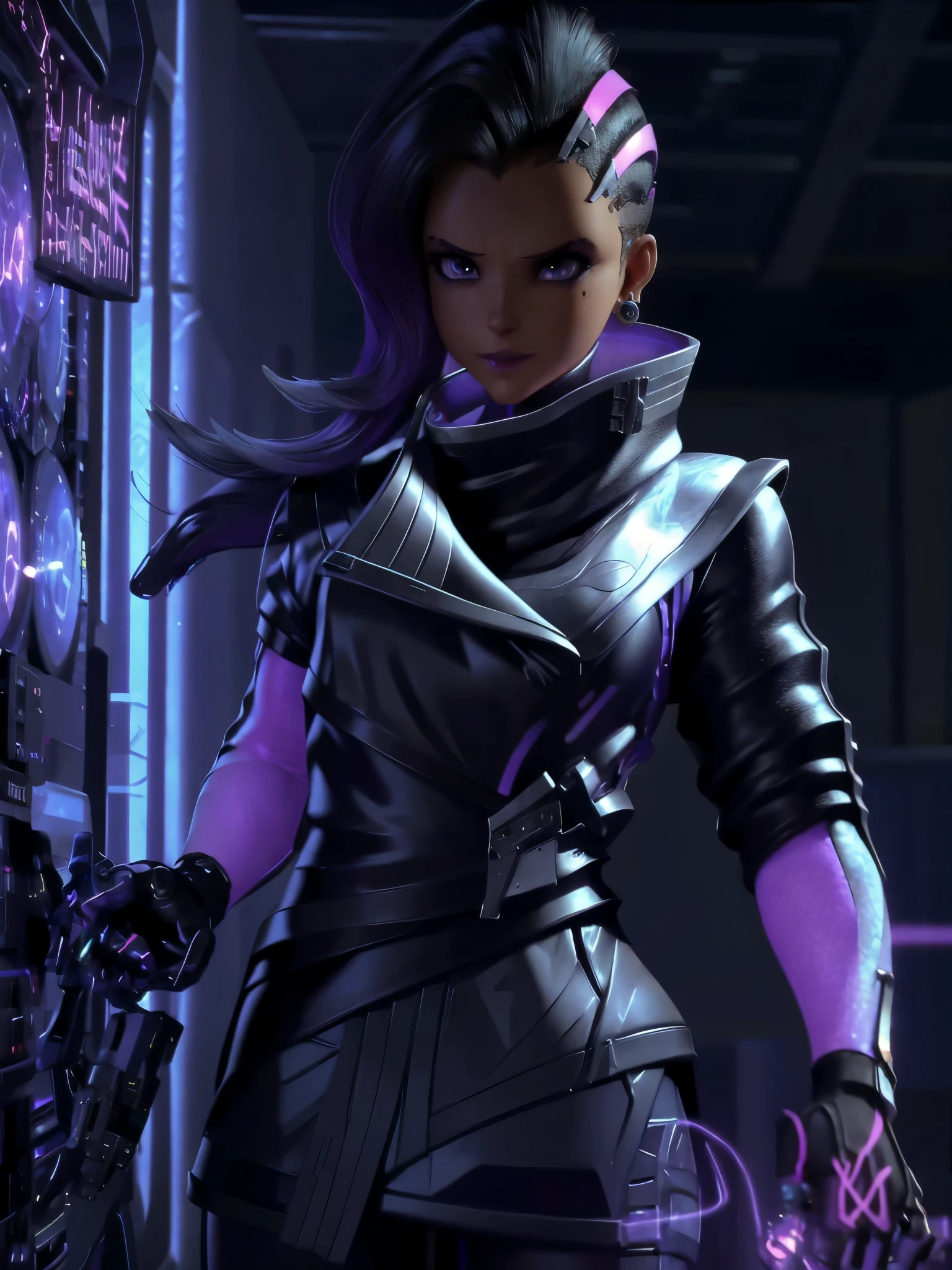 Draw Overwatch Shadow, a skilled and agile hacker. She is a dark-skinned woman, with a slender and athletic figure. Your hair is short and purple, shaved on one side, giving you a bold look. Your eyes are expressive and cunning, with a shine that suggests intelligence and confidence. Sombra wears a futuristic purple and black leather outfit, adjusted to the body, with neon details that glow softly. The clothing has several layers and textures, including light armor plates and metallic parts that highlight its technological nature. Your gloves are equipped with sophisticated electronic devices. She holds a light, elegant pistol in one hand, ready for any action. Show it off in a futuristic urban environment, surrounded by holograms and neon lights, with a holographic control panel in front of you, highlighting your skill as a hacker and infiltrator.