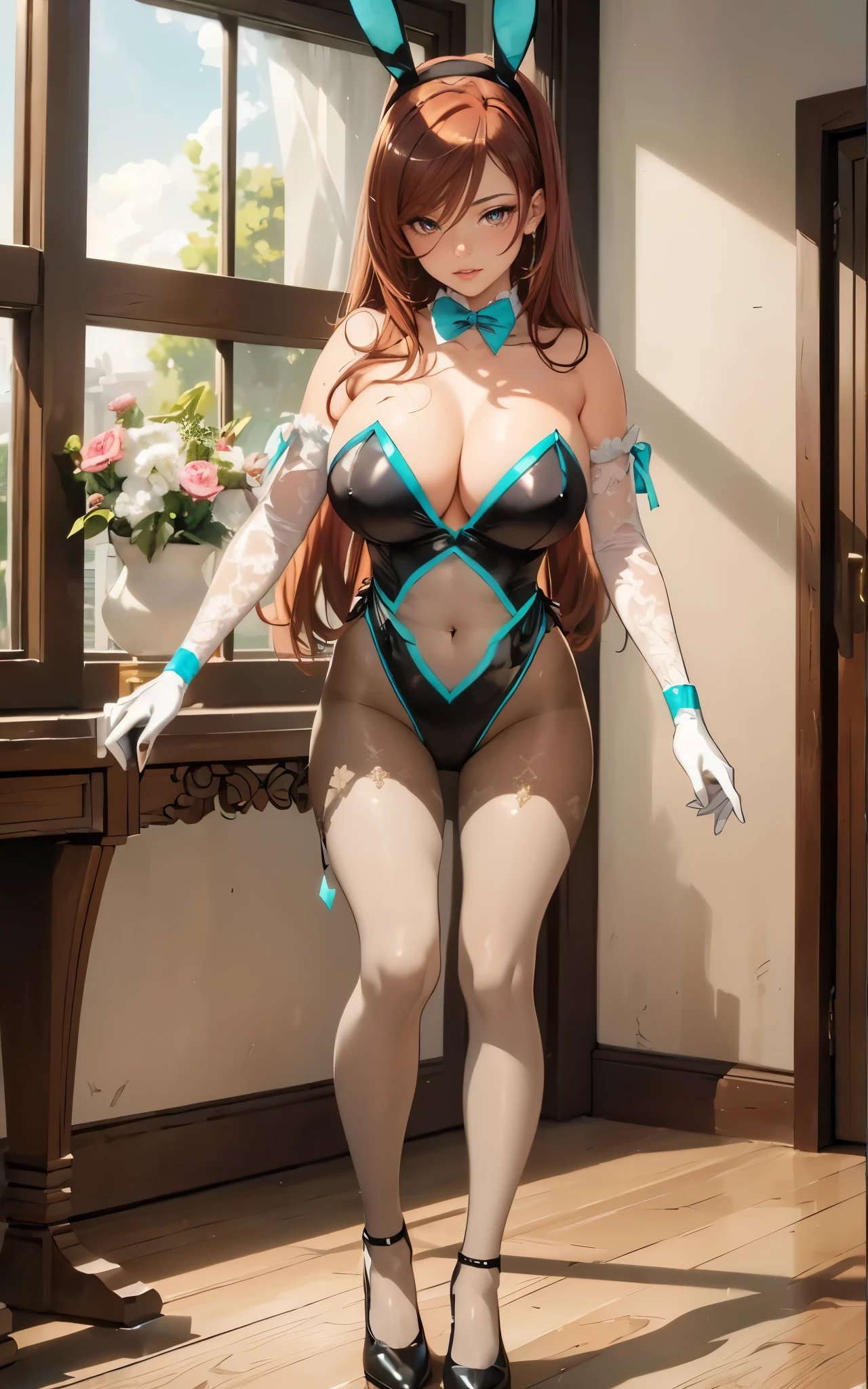 ((1girl, solo)), erza scarlet, beautiful body, (perfect anatomy, perfect body, perfect hands, perfect legs), nice hands, natural proportions, sexy body, large breasts, standing BREAK
((extremely detailed face)), brown eyes, (beautiful detailed eyes:1.6), (realistic pupils, realistic iris:1), expressive eyes, ((looking at viewer)), (clear eyes:1.3), (hyperrealistic:1.2), (detailed skin texture:1.2), smooth skin, red hair, long hair, (hair over one eye:1.3), heart pattern hairband, PaleTurquoise hairband, (detailed lips:1.2), (attractive lips:1.1), (glossy lips:1.1), (smile), perfect face, perfect eyes BREAK
playboy bunny, fake animal ears, rabbit ears, white detached collar, PaleTurquoise bowtie, collarbone, cleavage, highleg leotard, (PaleTurquoise trimmed leotard:1.3), (covered navel:1.3), white elbow gloves, PaleTurquoise wrist cuffs, bare shoulders, (black pantyhose:1.5), black footwear, high heels BREAK
(masterpiece:1.5), anime-style, top quality, best quality, (beautiful and aesthetic:1.2), (ultra detail:1.5), Ultra-detailed depiction, Ultra-precise depiction, extremely detailed 8k illustration, high resolution, (highly detailed shading:1.2), (realistic lighting:1.4), perfect lighting, vibrant colors, dynamic tones, striking hues, 8k, absurd resolution, perfect shadows, hdr, UHD, ambient lighting, realistic, ultra-realistic, photo realistic, highly detailed, rich detail, luminous colors, fine texture, intricate design, professional illustration, (soft light:1.2), (illustration:0.7)