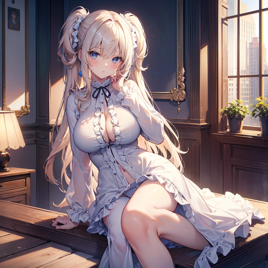 4K,High resolution, (Highly detailed CG,8k,wallpaper)、One age Woman,(((Slender,Upper Body,tall,Big Breasts,torso is long,(Turn over your clothes、Underwear with frills,whole body,sit)))),(Clean detailed eyes),(Huge breasts),(Huge breasts),(Huge breasts),(Huge breasts),(((Huge breasts))),(Super Breasts),(Very large breasts),(Beautiful and shapely breasts),Light-colored hair、Cute hairstyle