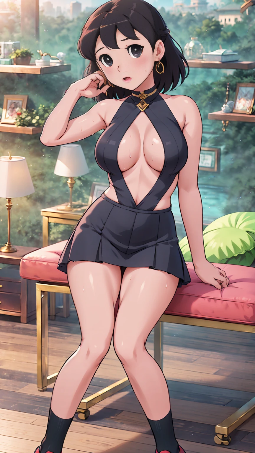 realistic, 1gril, per HD, 12k, wearing Allstars shoes, slim body, rather big body, big round breasts, no clothes, beautiful breasts, looking at the camera, sitting on the sofa, long black hair, facial details, detailed person, body details, clothing details, hair details, body details, body details, breast details, vagina details, clothes, eye details, sweat details, water details, pose (knees bent and legs wide apart) whole body