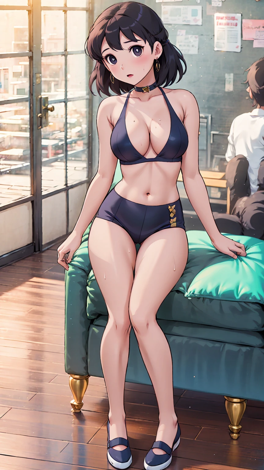 realistic, 1gril, per HD, 12k, wearing Allstars shoes, slim body, rather big body, big round breasts, no clothes, beautiful breasts, looking at the camera, sitting on the sofa, long black hair, facial details, detailed person, body details, clothing details, hair details, body details, body details, breast details, vagina details, clothes, eye details, sweat details, water details, pose (knees bent and legs wide apart) whole body