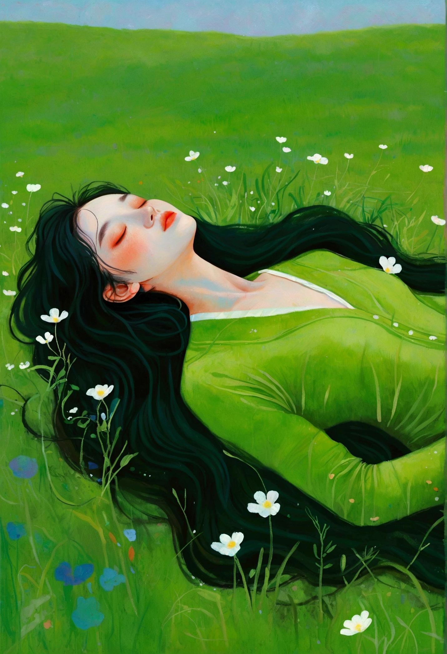 Painting of a woman lying on the grass, an Ultra-fine details inspired by Ren Hang, tumblr, Concept Art, In an empty green field, Gently stroke the earth, Green flowing hair, Grassy, hiding in grass, On a meadow, In the grass, Ultra-fine details, Ren Hang Style, Body covered with moss