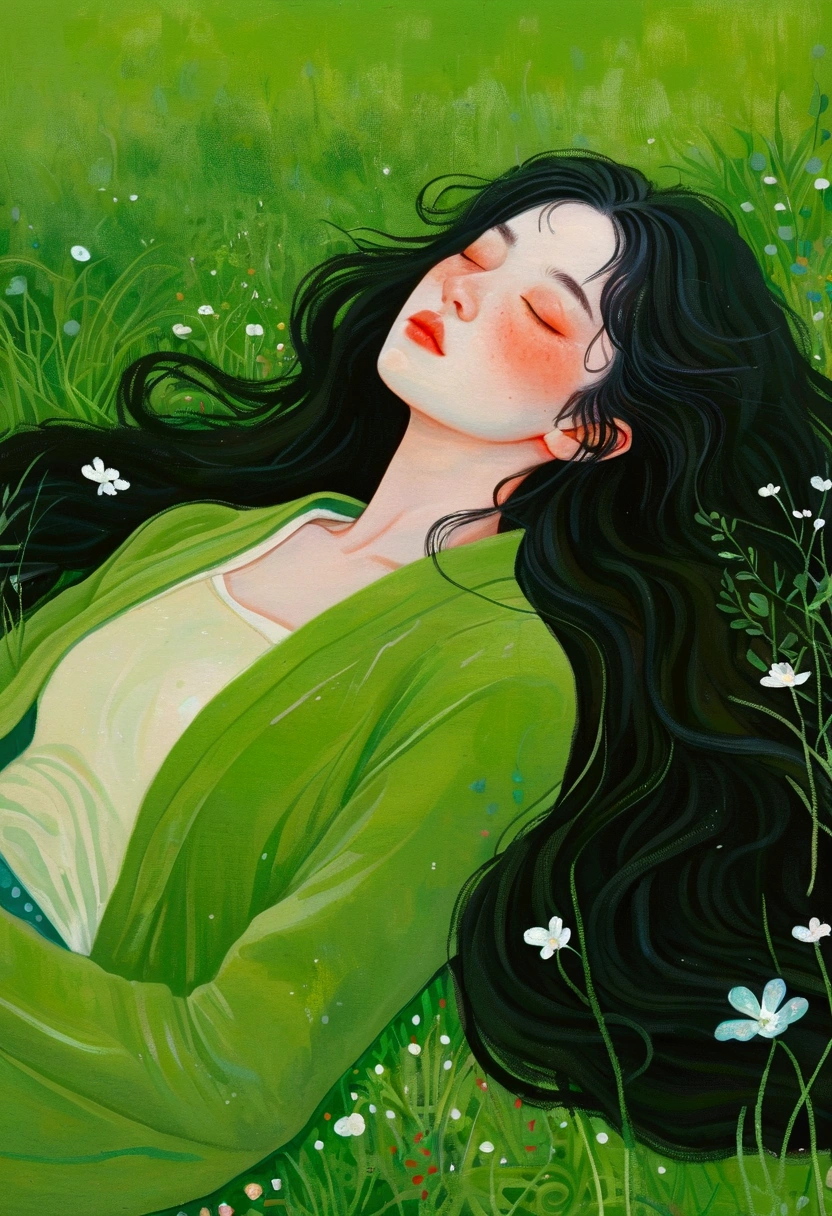Painting of a woman lying on the grass, an Ultra-fine details inspired by Ren Hang, tumblr, Concept Art, In an empty green field, Gently stroke the earth, Green flowing hair, Grassy, hiding in grass, On a meadow, In the grass, Ultra-fine details, Ren Hang Style, Body covered with moss
