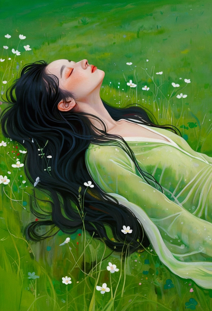 Painting of a woman lying on the grass, an Ultra-fine details inspired by Ren Hang, tumblr, Concept Art, In an empty green field, Gently stroke the earth, Green flowing hair, Grassy, hiding in grass, On a meadow, In the grass, Ultra-fine details, Ren Hang Style, Body covered with moss