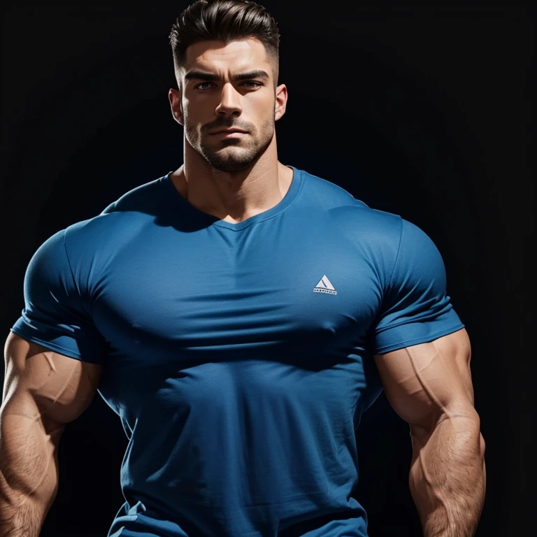 a very handsome, massively muscular man, with massively large muscles, with massively large, muscular and defined body, wearing a simple blue t-shirt, on a black background