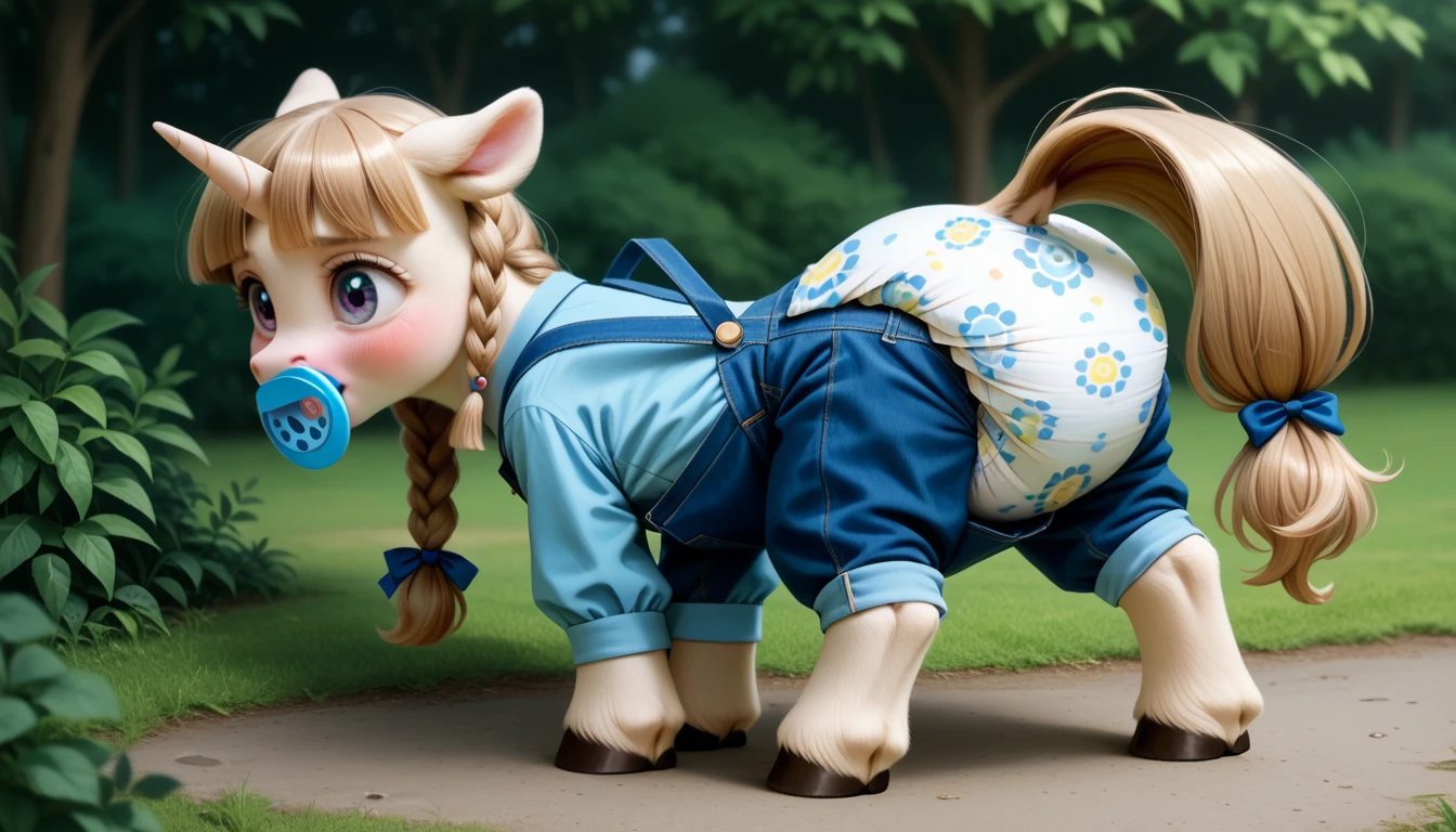 pony, light caramel unicorn, adult mare, plum eyes, lush mane braided, bushy tail, stands on four hooves, rear hooves spread wide apart, wearing adult size blue foal overalls and adult size blue foal booties, blue adult size pacifier in mouth, solo, raised tail, thick blue diaper under clothes, pink blush on cheeks, Embarrassment, Awkwardness.