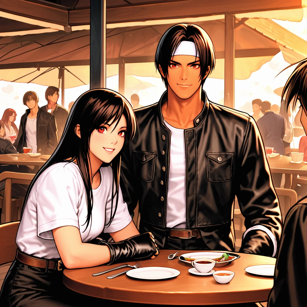 Orochikyo、Dark Skin、Two people、ツーshot、Red eyes、Black jacket(Roll up your sleeves)、Fingerless gloves、Black Hair、White T-shirt、((White headband))、Black trousers、White shoes、Brown belt、Outdoor、good looking、shot、Charming、masterpiece、High resolution、Detailed face、Fine grain、morning、Big Sky、 A confident smile、Dining with your lover at a restaurant on the Champs-Élysées,Laughing happily、Men and women with the same hair and clothes、Sit at the table and talk