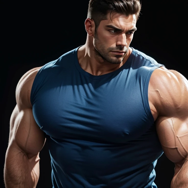 a very handsome, massively muscular man, with massively large muscles, with massively large, muscular and defined body and arms, wearing a simple blue t-shirt, on a black background