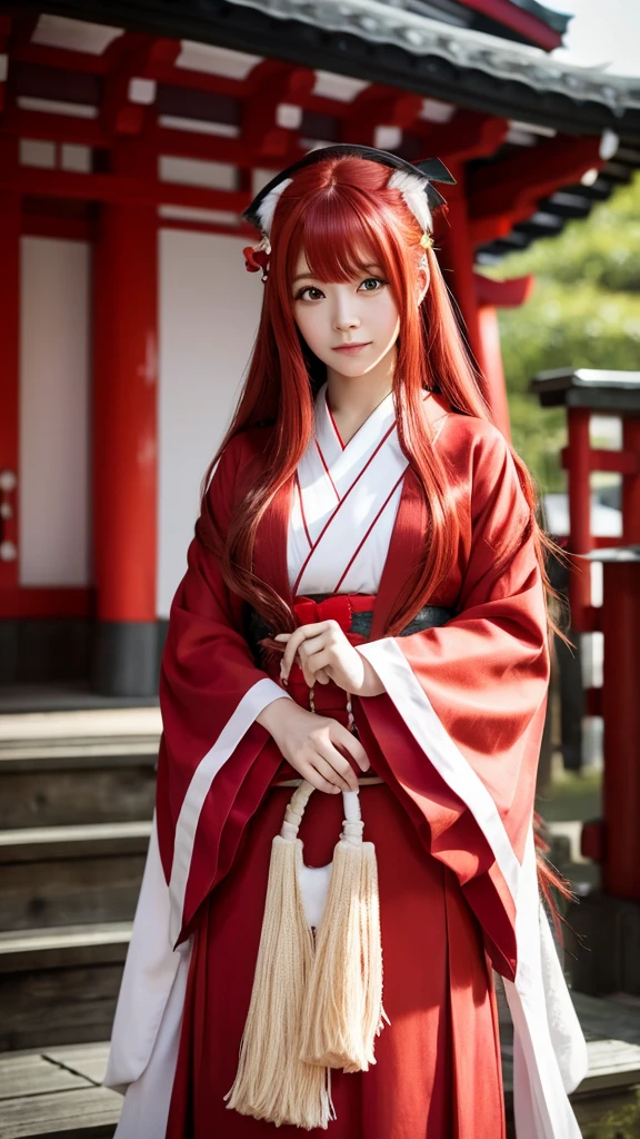 Red Hair Color、long hair、Shrine maiden outfit、Japanese、Fox's Tail