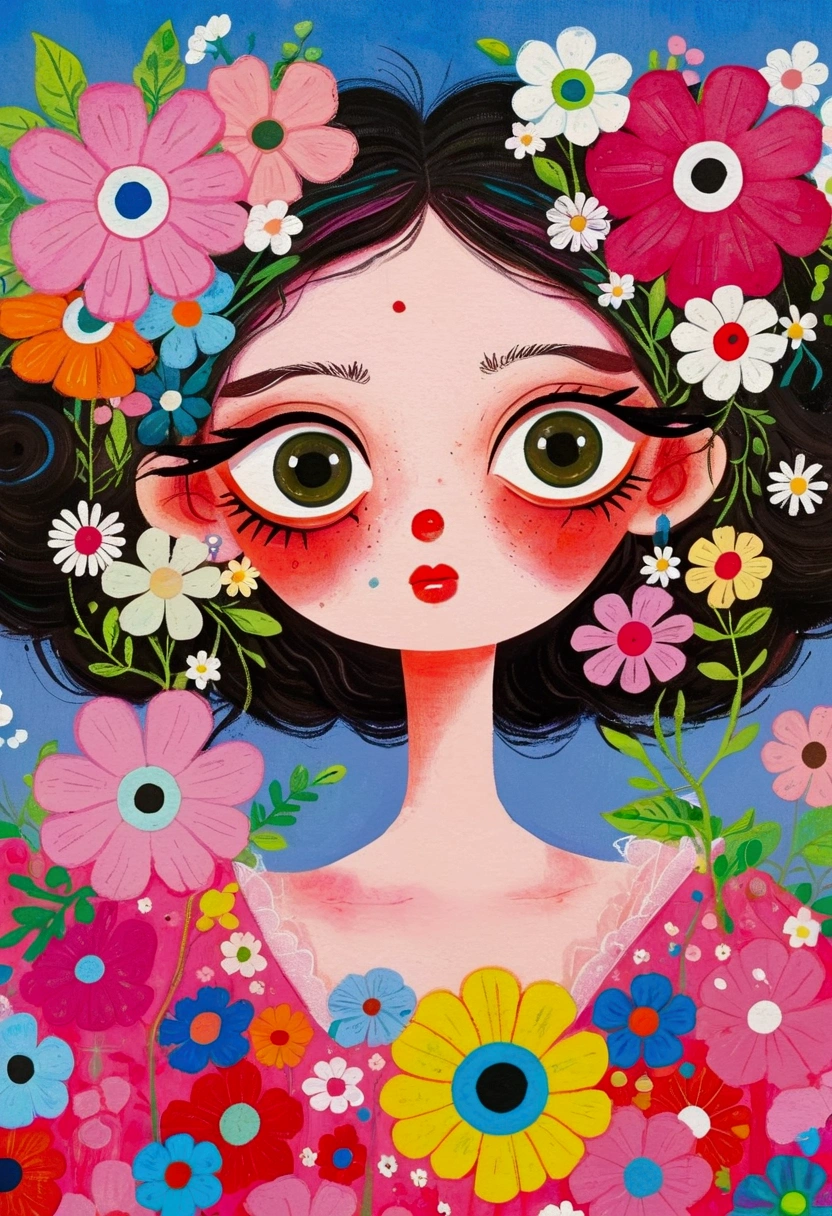 Pastel Painting,Oil stick painting,Thick coating,Texture:There is a person in the painting wearing a flowery dress、A woman with flowers in her eyes, big Pink Eyes, Inspired by Takashi Murakami, Inspired by Takashi Murakami, Inspired by Haruki Murakami, Inspired by Victor Brauner, Whimsical and psychedelic, Color illustrations, Psychedelic illustration, Watercolor illustration, Portrait of a mysterious giant eye, Colored eyes, big eyes, Pink Eyes