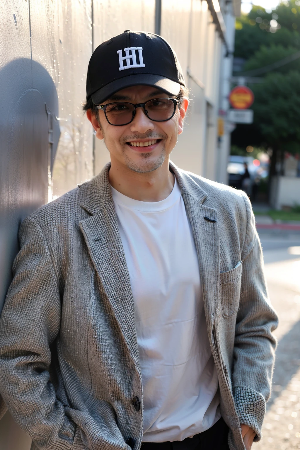 (best quality,high resolution,Extremely detailed) A 40-year-old brown-haired oriental man wearing black clothes, glasses sunglasses, . He has short hair. Against the wall.Smiling in purple shirt.Light colored blazer with blue eyes. One hand holds his baseball cap. Sunset in the background.Hands in pockets on the front