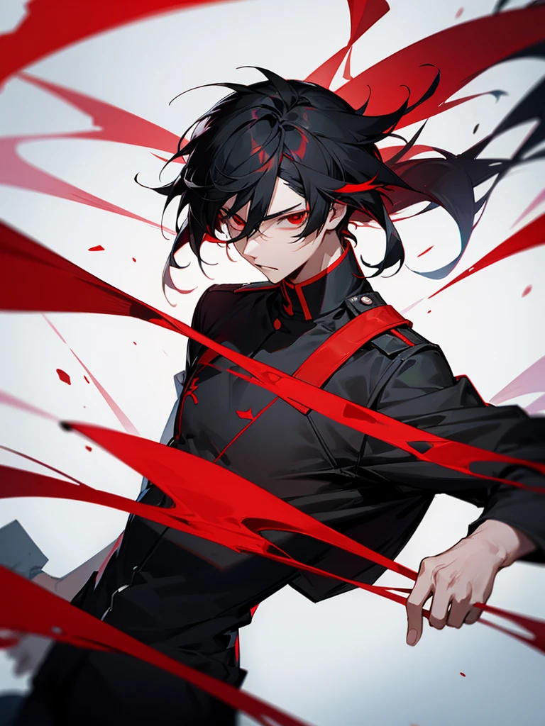 Male character with black hair, red tips, red eyes and UA uniform.