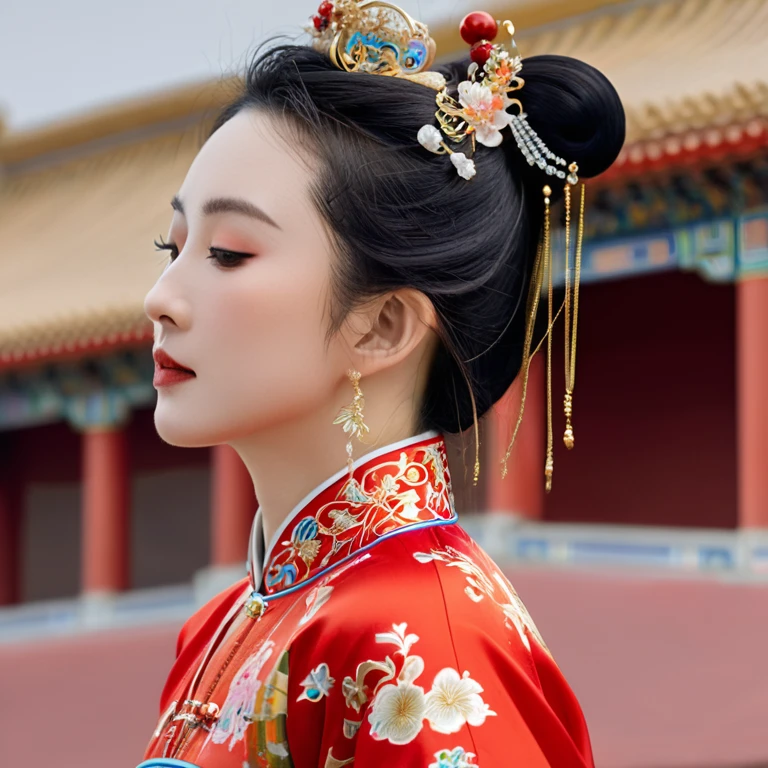 A side view of a Chinese empress, seen from close up on her . In the background is a Qing dynasty Chinese palace, where she is sleeping in red Hanfu with only her large buttocksg out. She's not wearing underwear, but her butt is sticking and floating up. Her hair is decorated with a large, flashy flower. The back of the hair is tied up and up. Erotn