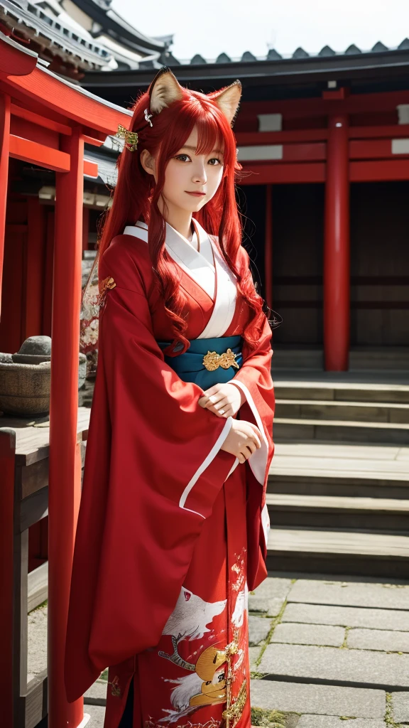 Red Hair Color、long hair、Shrine maiden outfit、Japanese、Fox's Tail
