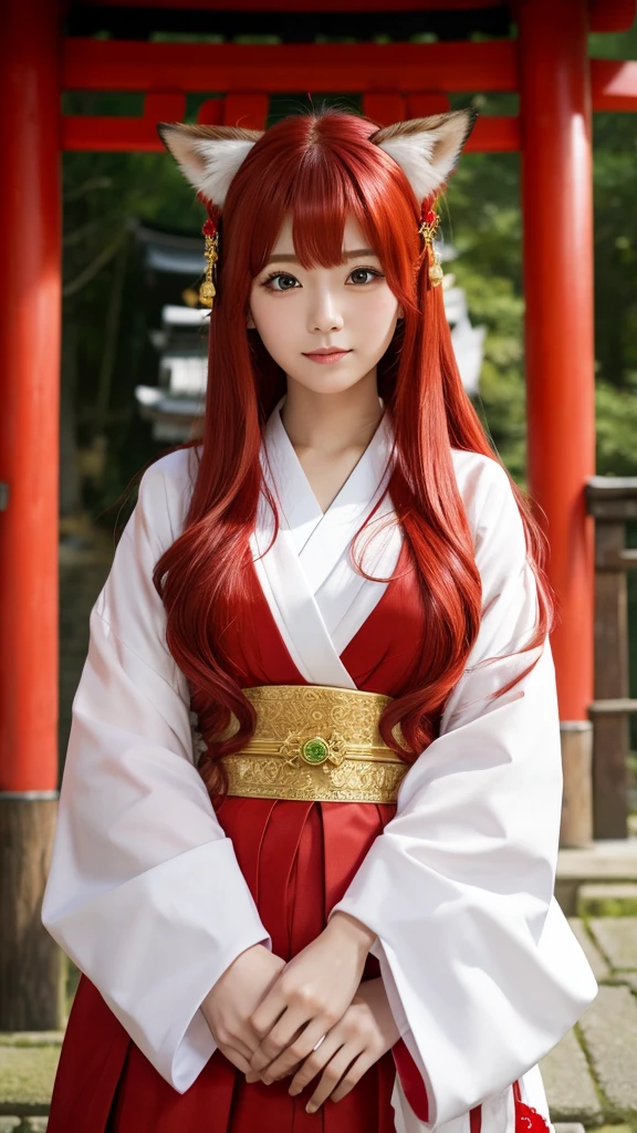 Red Hair Color、long hair、Shrine maiden outfit、Japanese、Fox's Tail
