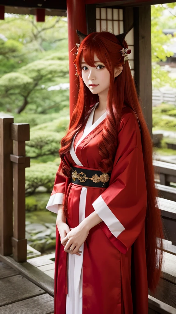 Red Hair Color、long hair、Shrine maiden outfit、Japanese、Fox's Tail