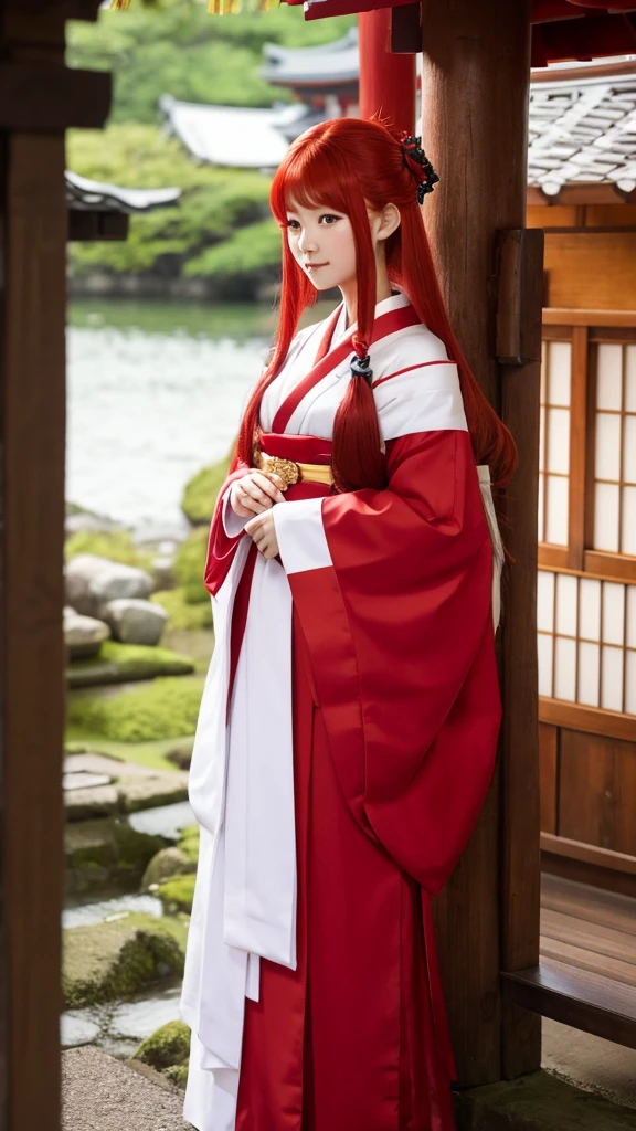 Red Hair Color、long hair、Shrine maiden outfit、Japanese、Fox's Tail