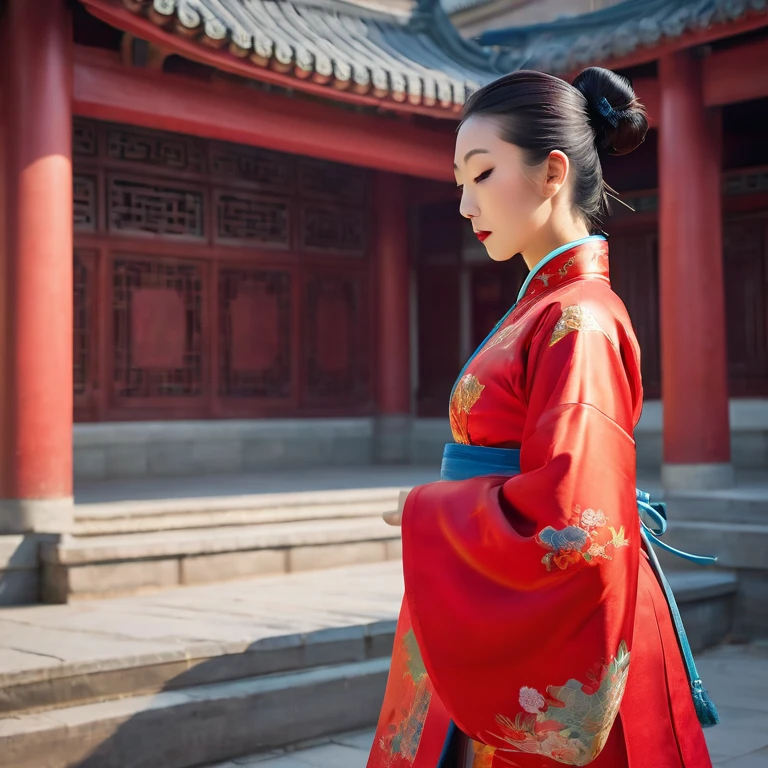 A side view of a Chinese empress, seen from close up on her buttocks. In the background is a Qing dynasty Chinese palace, where she is sleeping in red Hanfu with only her large buttocks sticking out. She's not wearing underwear, but her butt is sticking out and floating up. Her hair is decorated with a large, flashy flower. The back of the hair is tied up and up. Erotic Woman